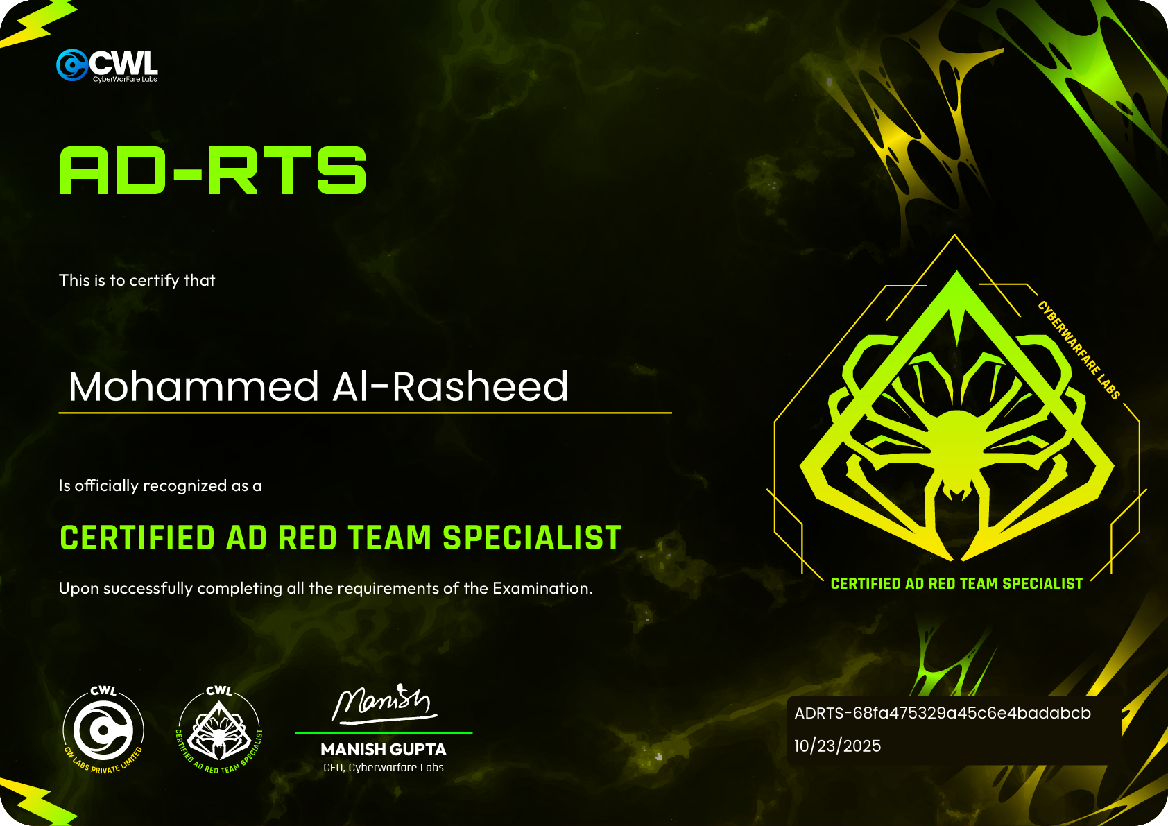 Certified AD Red Team Specialist certificate